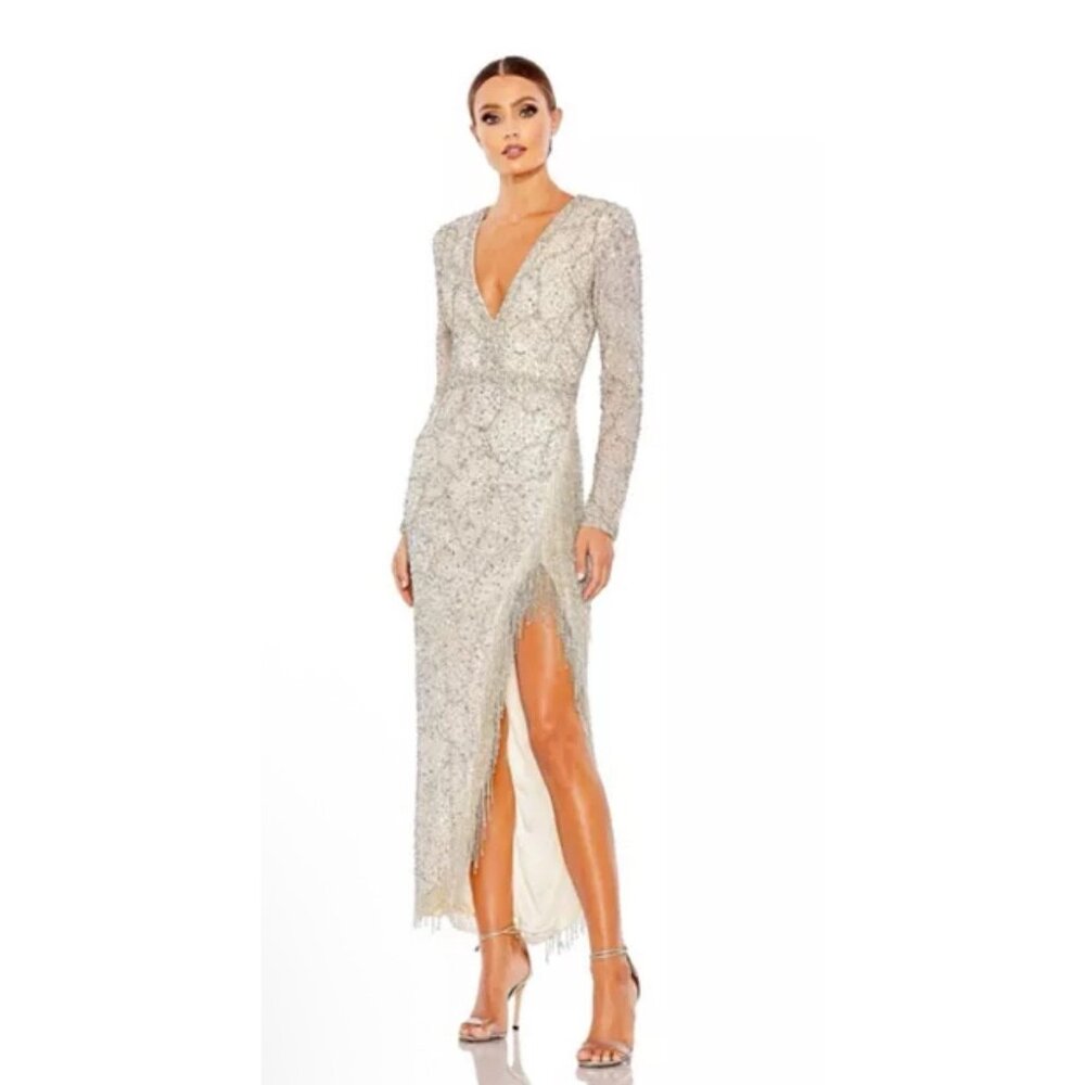 Mac Duggal Dress Gown Womens Size 16 Plunging Neckline Fringe Slit $798 5741
